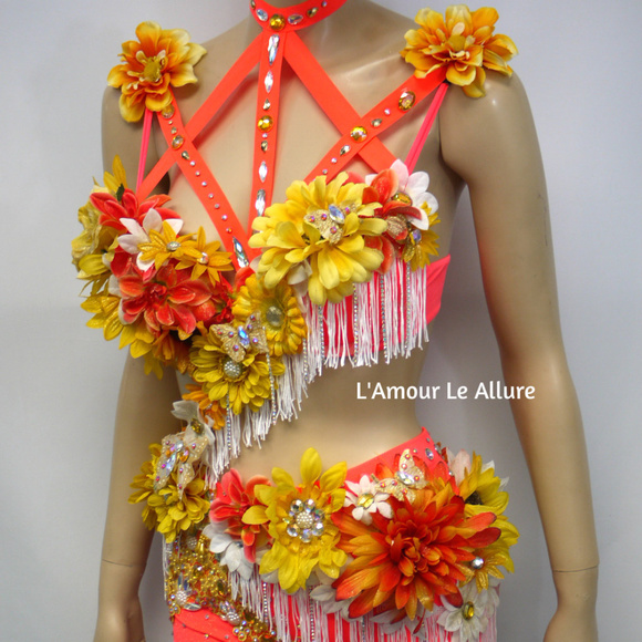 Neon Orange Yellow Fringe Fairy Monokini Costume - Picture 4 of 7